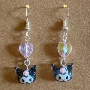 Sanrio Kuromi Heart Earrings, Drop Earrings, Dangle, Acrylic, Glitter, Handmade